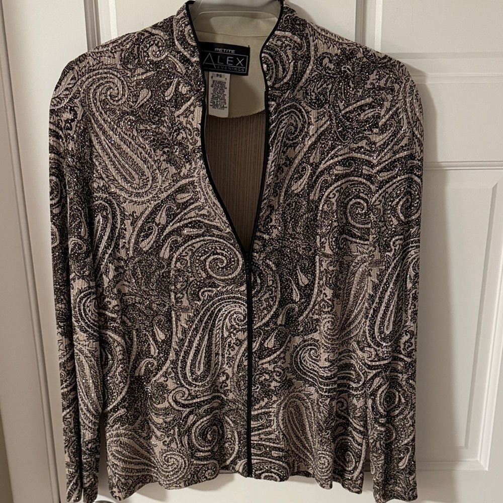 Vintage 90’s Alex Evenings Paisley Mandarin Neck Glitter Zip Jacket Small petite